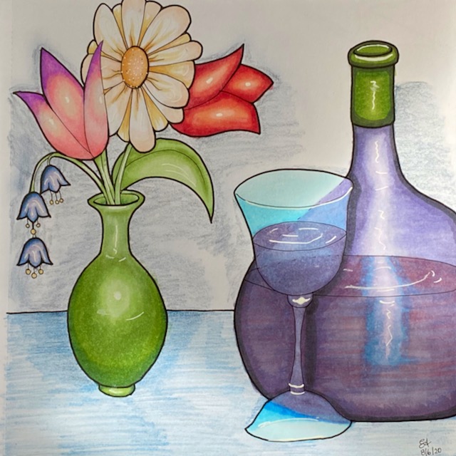 Flowers and Wine Drawing